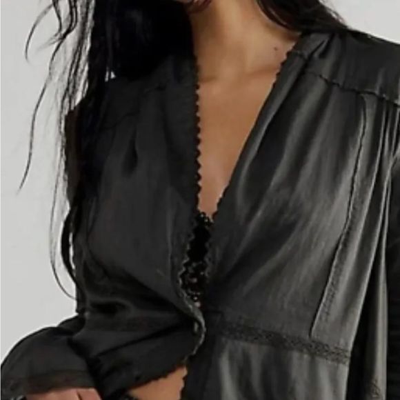 Free People Selma Bed Jacket Tiered Lace Trim Ruffled Cuffs Washed Black - Picture 2 of 5